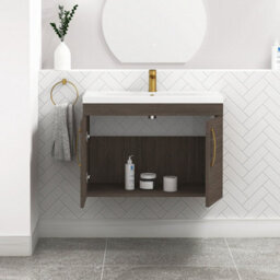 Royal Bathrooms Turin Grey Elm 800mm Wall Hung Vanity Unit 2 Door With Mid-Edge Basin Sink & Brushed Brass Handles - thumbnail 5