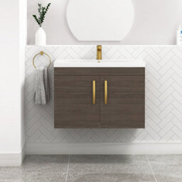 Royal Bathrooms Turin Grey Elm 800mm Wall Hung Vanity Unit 2 Door With Mid-Edge Basin Sink & Brushed Brass Handles - thumbnail 1