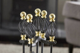 Fire33 5 Piece Companion Set With Brass And Black Handles Fireplace Tools Stand Poker Brush Shovel Tongs Elegant Design - thumbnail 2