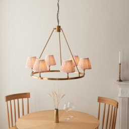 Luminosa Lighting Luminosa Chester Brushed Aged Brass Plate Pendant Light With Peachy Keen Fabric Leaf Shade 16Cm 6X B22 - thumbnail 2