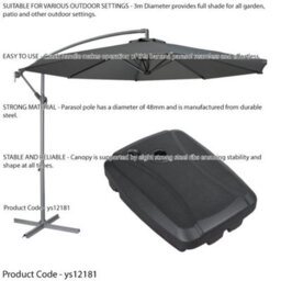 Loops Easy Open 3M Banana Parasol Grey & 60L Wheeled Base - Garden Dining Umbrella Set - thumbnail 2