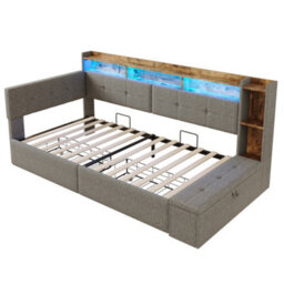 Abrihome 3Ft Single Led Daybed With Storage Drawers And Bed End Ottoman, Modern Linen Sofa Bed With Charging Stationfor Living Room, Grey - thumbnail 8