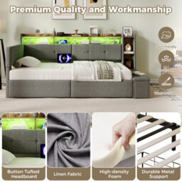 Abrihome 3Ft Single Led Daybed With Storage Drawers And Bed End Ottoman, Modern Linen Sofa Bed With Charging Stationfor Living Room, Grey - thumbnail 4