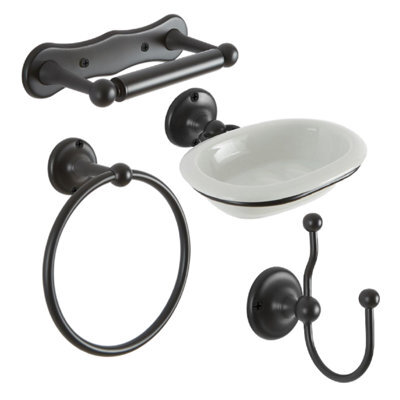 Homestylestore Black 4 Piece Bathroom Accessory Set With Towel Ring, Double Robe Hook, Soap Dish And Toilet Roll Holders - image 1