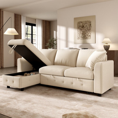 Btm L-Shaped Chenille Sofa Bed, Storage Chaise, 2 Cushions, Convertible 3-Seater Sofa, Beige - image 1