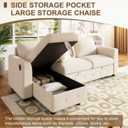Btm L-Shaped Chenille Sofa Bed, Storage Chaise, 2 Cushions, Convertible 3-Seater Sofa, Beige - thumbnail 9