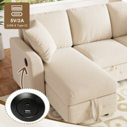 Btm L-Shaped Chenille Sofa Bed, Storage Chaise, 2 Cushions, Convertible 3-Seater Sofa, Beige - thumbnail 8
