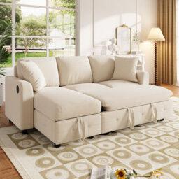 Btm L-Shaped Chenille Sofa Bed, Storage Chaise, 2 Cushions, Convertible 3-Seater Sofa, Beige - thumbnail 4