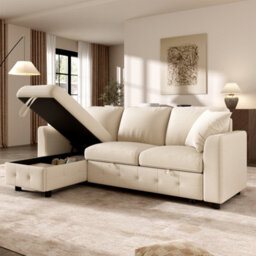 Btm L-Shaped Chenille Sofa Bed, Storage Chaise, 2 Cushions, Convertible 3-Seater Sofa, Beige