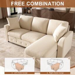 Btm L-Shaped Chenille Sofa Bed, Storage Chaise, 2 Cushions, Convertible 3-Seater Sofa, Beige - thumbnail 7