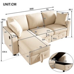 Btm L-Shaped Chenille Sofa Bed, Storage Chaise, 2 Cushions, Convertible 3-Seater Sofa, Beige - thumbnail 6