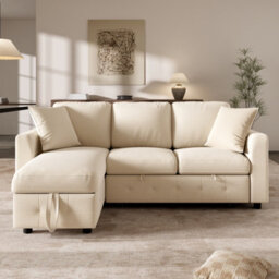 Btm L-Shaped Chenille Sofa Bed, Storage Chaise, 2 Cushions, Convertible 3-Seater Sofa, Beige - thumbnail 3