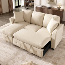 Btm L-Shaped Chenille Sofa Bed, Storage Chaise, 2 Cushions, Convertible 3-Seater Sofa, Beige - thumbnail 2
