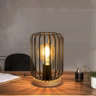 Industrial Metal Table Lamp Cage Led Bedside Desk Lamp Light Bedroom Bar Wooden - image 1