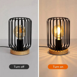 Industrial Metal Table Lamp Cage Led Bedside Desk Lamp Light Bedroom Bar Wooden - thumbnail 4