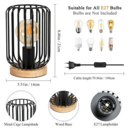 Industrial Metal Table Lamp Cage Led Bedside Desk Lamp Light Bedroom Bar Wooden - thumbnail 2