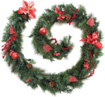 Best Artificial Christmas 9Ft Red Decorated Christmas Garland Bannister Staircase Fireplace - image 1