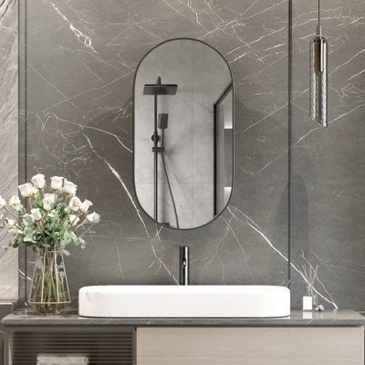 Keepreaper Sleek Oval Bathroom Mirror Cabinet With Adjustable Shelf Black Recessed Wall Mounted Design 42X80X13 Cm - image 1