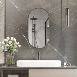 Keepreaper Sleek Oval Bathroom Mirror Cabinet With Adjustable Shelf Black Recessed Wall Mounted Design 42X80X13 Cm