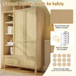 Btm Rattan Wardrobe, 2 Door Armoire With Hanging Rail, 4 Shelves, 2 Drawers  Anti Tip Kit, Oak, 120 X 50 X 180Cm - thumbnail 6
