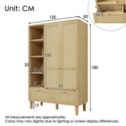 Btm Rattan Wardrobe, 2 Door Armoire With Hanging Rail, 4 Shelves, 2 Drawers  Anti Tip Kit, Oak, 120 X 50 X 180Cm - thumbnail 2
