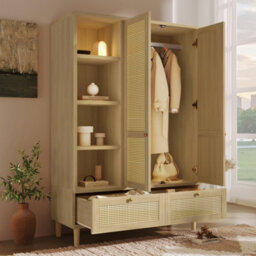 Btm Rattan Wardrobe, 2 Door Armoire With Hanging Rail, 4 Shelves, 2 Drawers  Anti Tip Kit, Oak, 120 X 50 X 180Cm