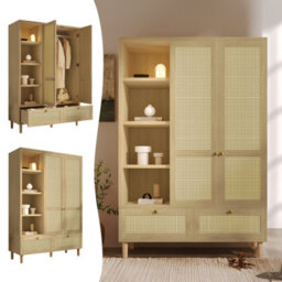 Btm Rattan Wardrobe, 2 Door Armoire With Hanging Rail, 4 Shelves, 2 Drawers  Anti Tip Kit, Oak, 120 X 50 X 180Cm - thumbnail 3