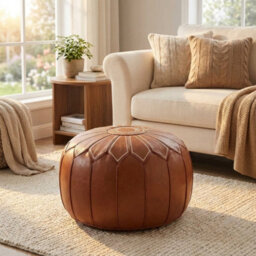 Pu Leather Moroccan Style Round Storage Ottoman Pouf - thumbnail 1