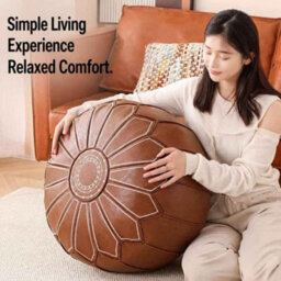 Pu Leather Moroccan Style Round Storage Ottoman Pouf - thumbnail 6
