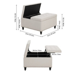Living And Home Square Beige Linen Upholstered Storage Ottoman With Lift-Top And Flip Design - thumbnail 5