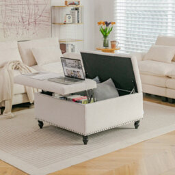 Living And Home Square Beige Linen Upholstered Storage Ottoman With Lift-Top And Flip Design - thumbnail 2