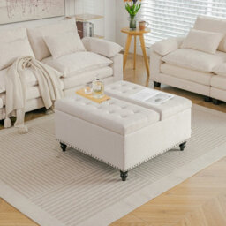 Living And Home Square Beige Linen Upholstered Storage Ottoman With Lift-Top And Flip Design - thumbnail 1