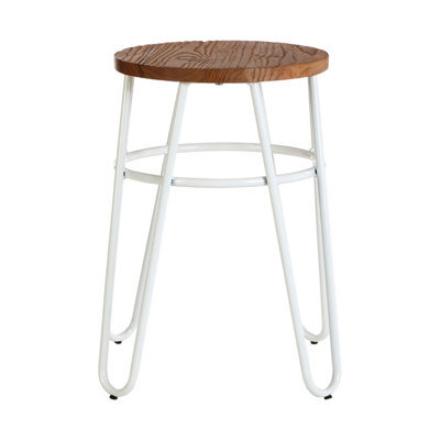 Orsina White Metal And Elm Wood Round Stool, Small Hairpin Stool, Versatile Metal Stool For Home, Office, Bedroom - image 1