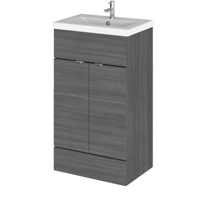 Hudson Reed Fusion Floor Standing 2 Door Vanity Unit & Ceramic Basin, Sink Vanity Unit, Anthracite Woodgrain, 500mm - image 1