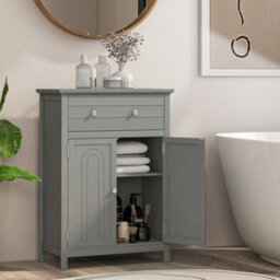 Costway Bathroom Floor Cabinet Freestanding Storage Cupboard With Double Door-Grey