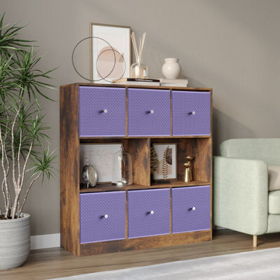 Urbn-Living Urbnliving Asymmetrical 8 Cube Bookcase Shelf Storage Unit W/ 6 Fabric Drawer Inserts (Rustic Brown+Lilac) - image 1