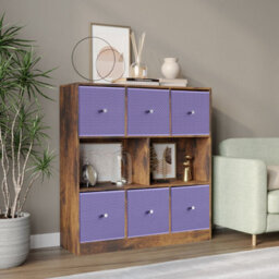 Urbn-Living Urbnliving Asymmetrical 8 Cube Bookcase Shelf Storage Unit W/ 6 Fabric Drawer Inserts (Rustic Brown+Lilac) - thumbnail 1