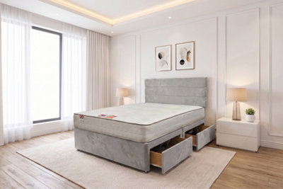 Knight Sleep York Silver Plush 4Ft6 Hybrid Sprung Orthopaedic Divan Bed Set 2 Drawers With Upholstered Headboard - Double - image 1