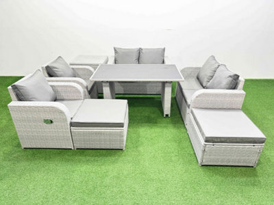 Fimous 8 Pieces Outdoor Pe Rattan Sofa Reclining Chair Set With Cushions Side Table 2 Big Stools Light Grey - image 1