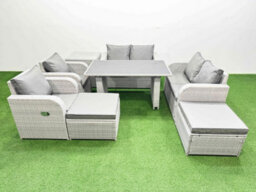 Fimous 8 Pieces Outdoor Pe Rattan Sofa Reclining Chair Set With Cushions Side Table 2 Big Stools Light Grey