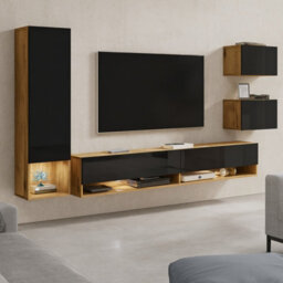 Amadeo Modern Wall Unit With Tv Cabinet And Hanging Storage Wotan Black Gloss With Led Lights - thumbnail 1