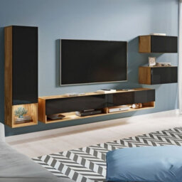 Amadeo Modern Wall Unit With Tv Cabinet And Hanging Storage Wotan Black Gloss With Led Lights - thumbnail 2