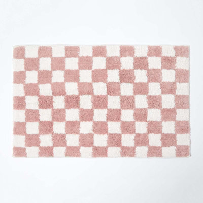 Homescapes Pink & White Check 100% Cotton Non Slip Bath Mat - image 1