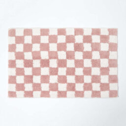 Homescapes Cotton Pink & White Check Bath Mat With Non Slip Backing, Soft Absorbent Bathroom Mat