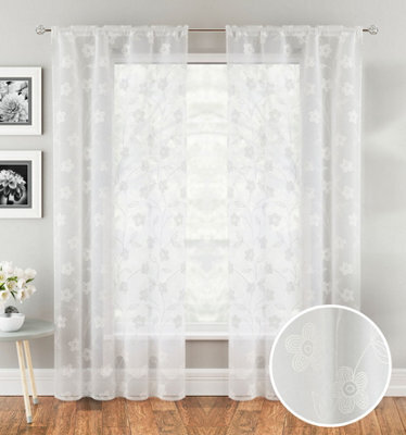 Tyrone Textiles Pair Of Sienna White Floral Paste Print Patterned Voile Panels With Rod Pocket Header 183 Cm - image 1