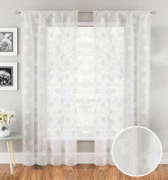 Tyrone Textiles Pair Of Sienna White Floral Paste Print Patterned Voile Panels With Rod Pocket Header 183 Cm - thumbnail 1