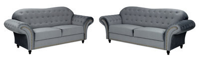 Lyon Chesterfield Style French Velvet Grey Fabric 3 + 2 Seater Sofa - image 1