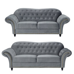 Lyon Chesterfield Style French Velvet Grey Fabric 3 + 2 Seater Sofa - thumbnail 2