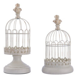 Living And Home Set Of 2 Distressed White Vintage Birdcage Iron Candle Holders Staggered Height Table Decor - thumbnail 4