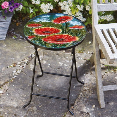 Foldable Poppy Design Garden Bistro Table With Hand Painted Glass Top, Steel Frame & Non-Slip Feet - H50 X 35Cm Diameter - image 1